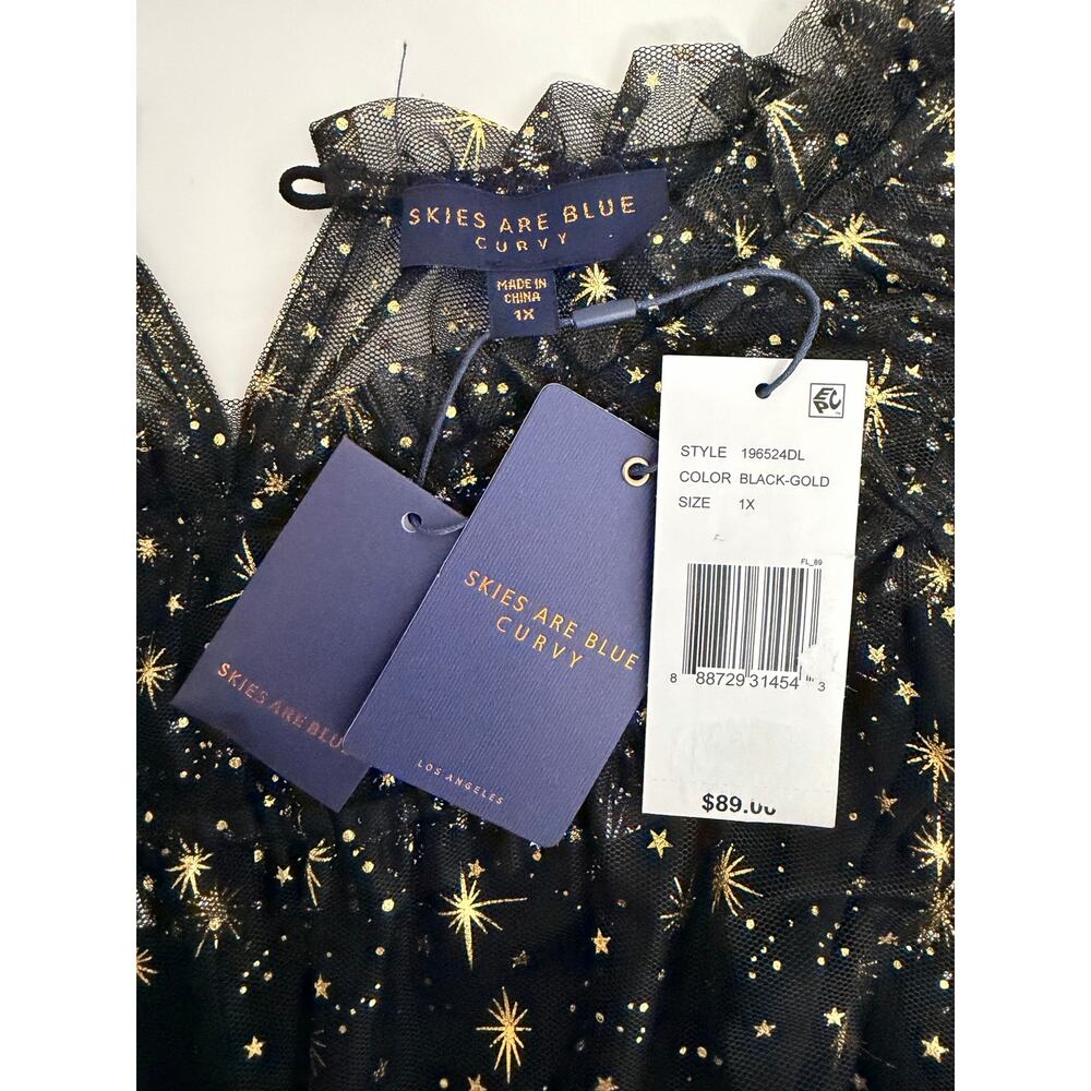NWT Skies Are Blue Curvy Black Gold Star Print Sheer Sleeve Dress 1X - Picture 4 of 4